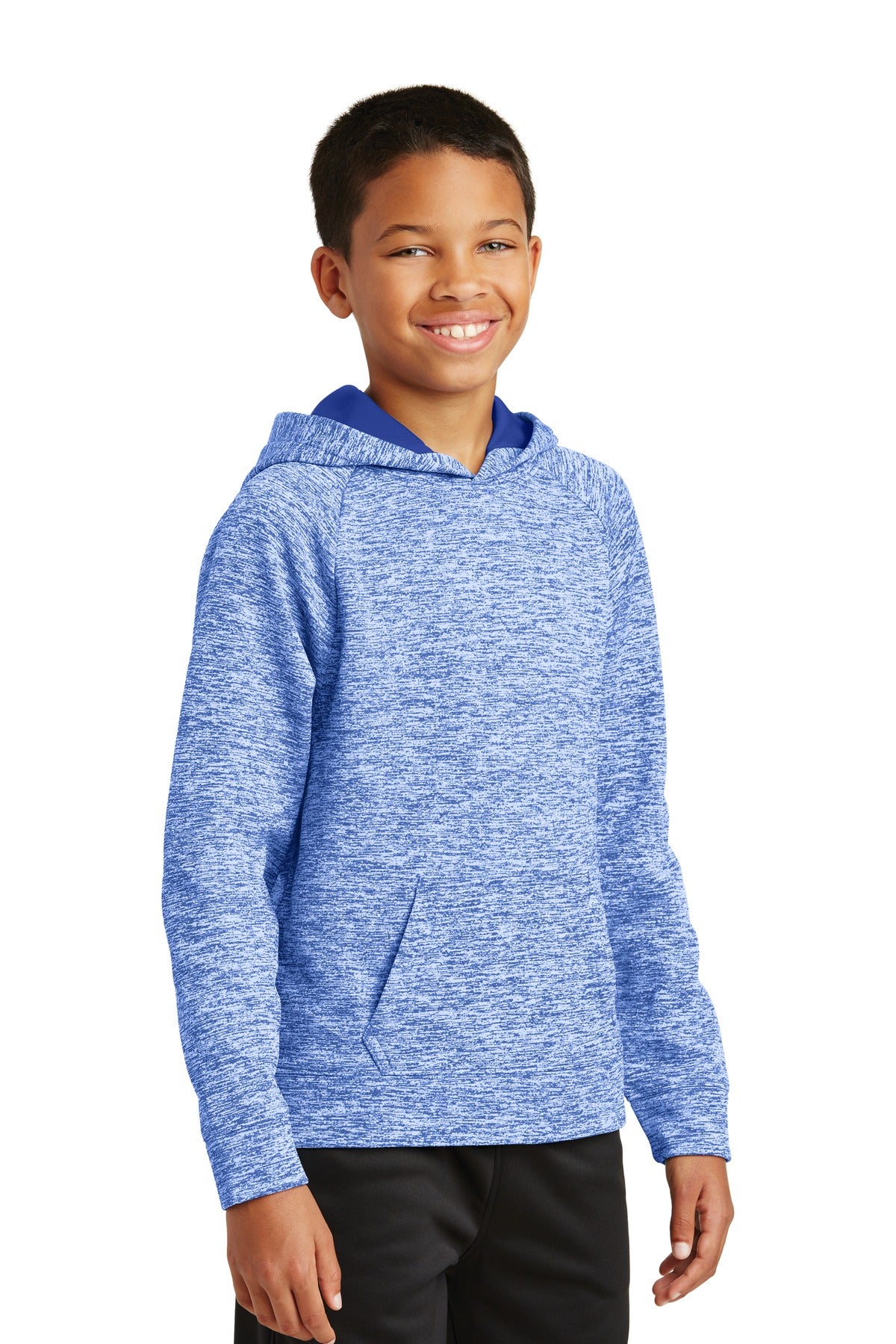 True Royal Ele Sport-Tek Youth PosiCharge Electric Heather Fleece Hooded Pullover. YST225
