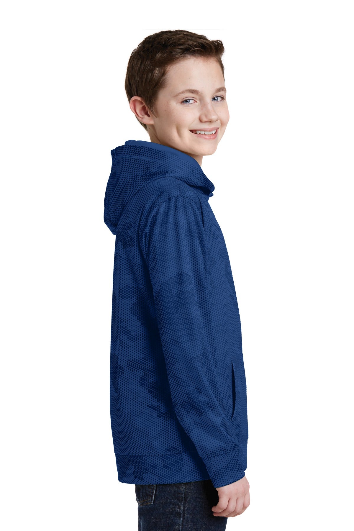 True Royal Sport-Tek Youth Sport-Wick CamoHex Fleece Hooded Pullover. YST240