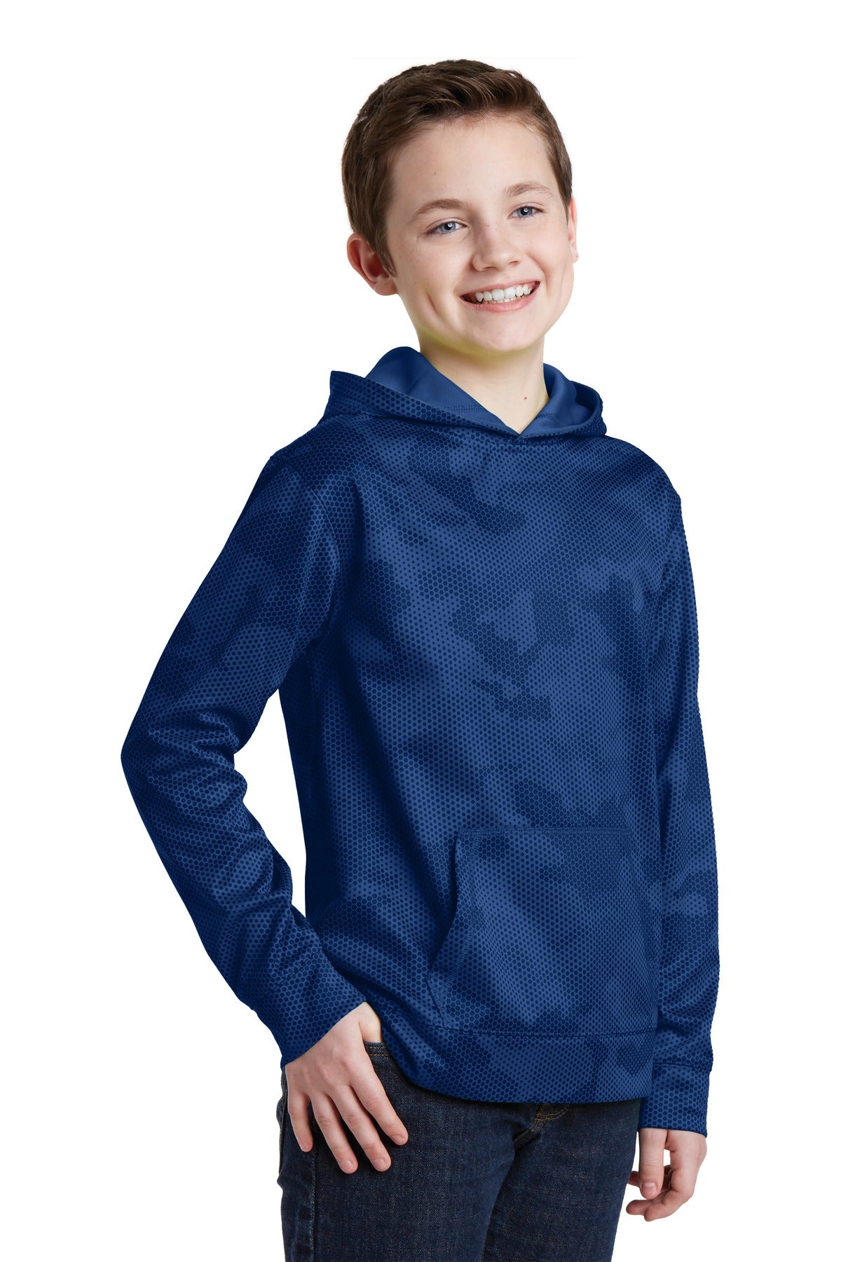 True Royal Sport-Tek Youth Sport-Wick CamoHex Fleece Hooded Pullover. YST240