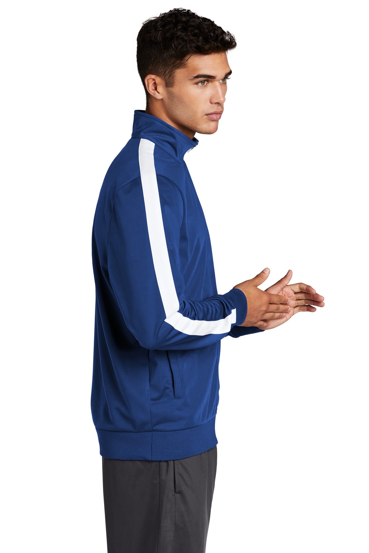 True Royal/Wht Sport-Tek Tricot Sleeve Stripe Track Jacket. JST94