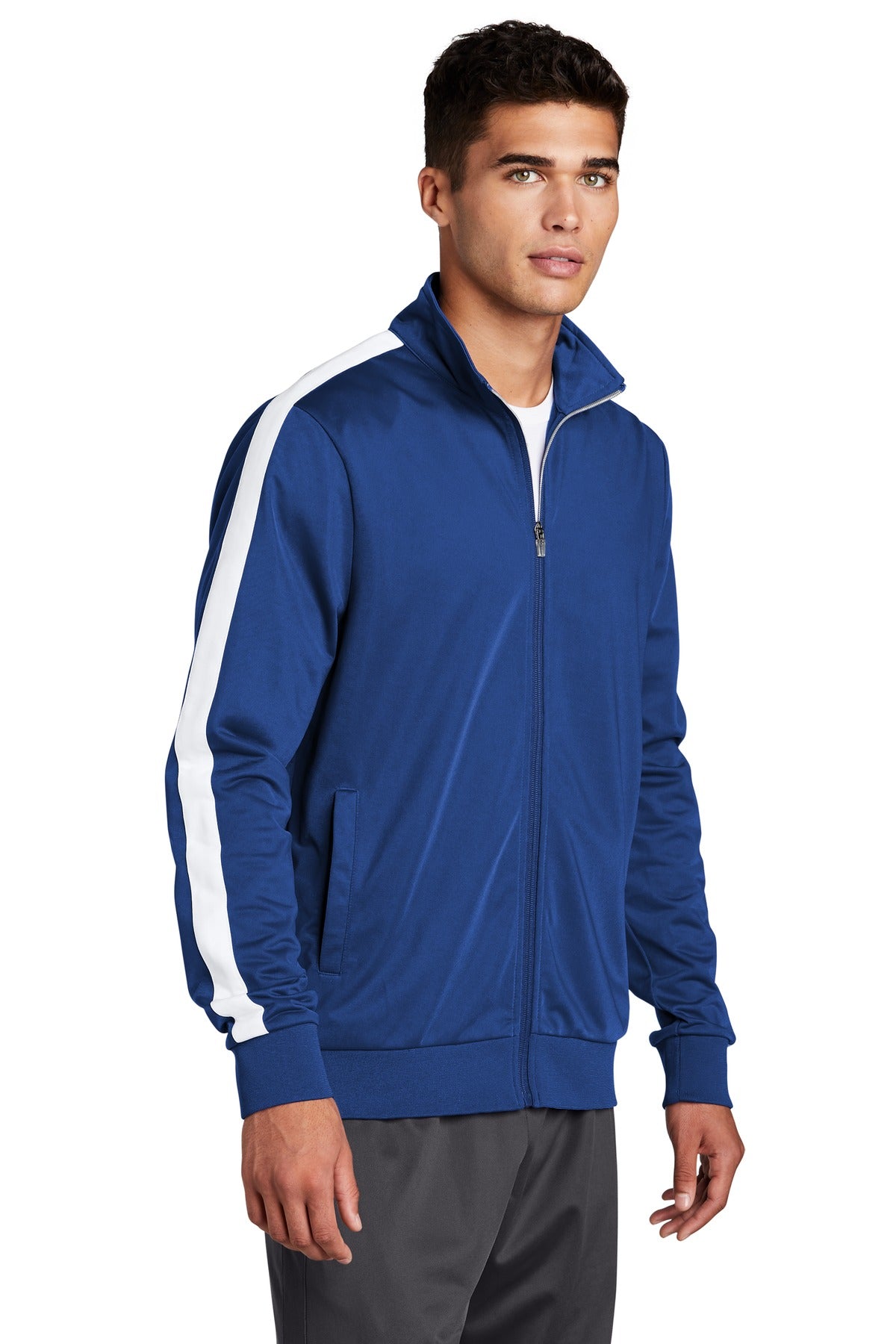 True Royal/Wht Sport-Tek Tricot Sleeve Stripe Track Jacket. JST94