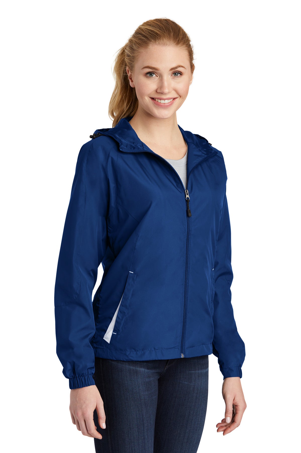 True Royal/Wht Sport-Tek Women's Colorblock Hooded Raglan Jacket. LST76
