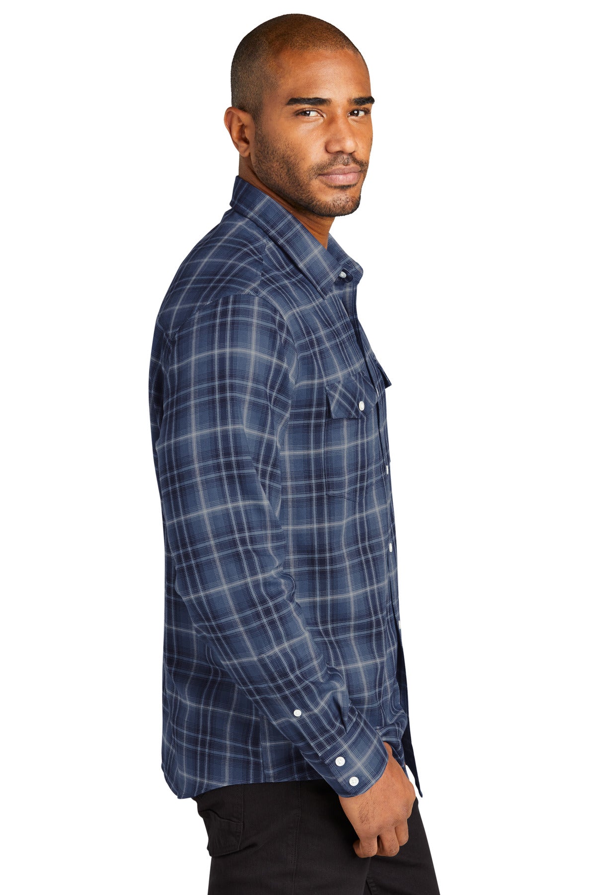 TrueNavy Port Authority Long Sleeve Ombre Plaid Shirt W672