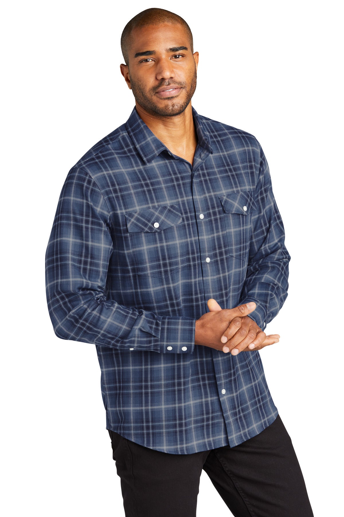 TrueNavy Port Authority Long Sleeve Ombre Plaid Shirt W672