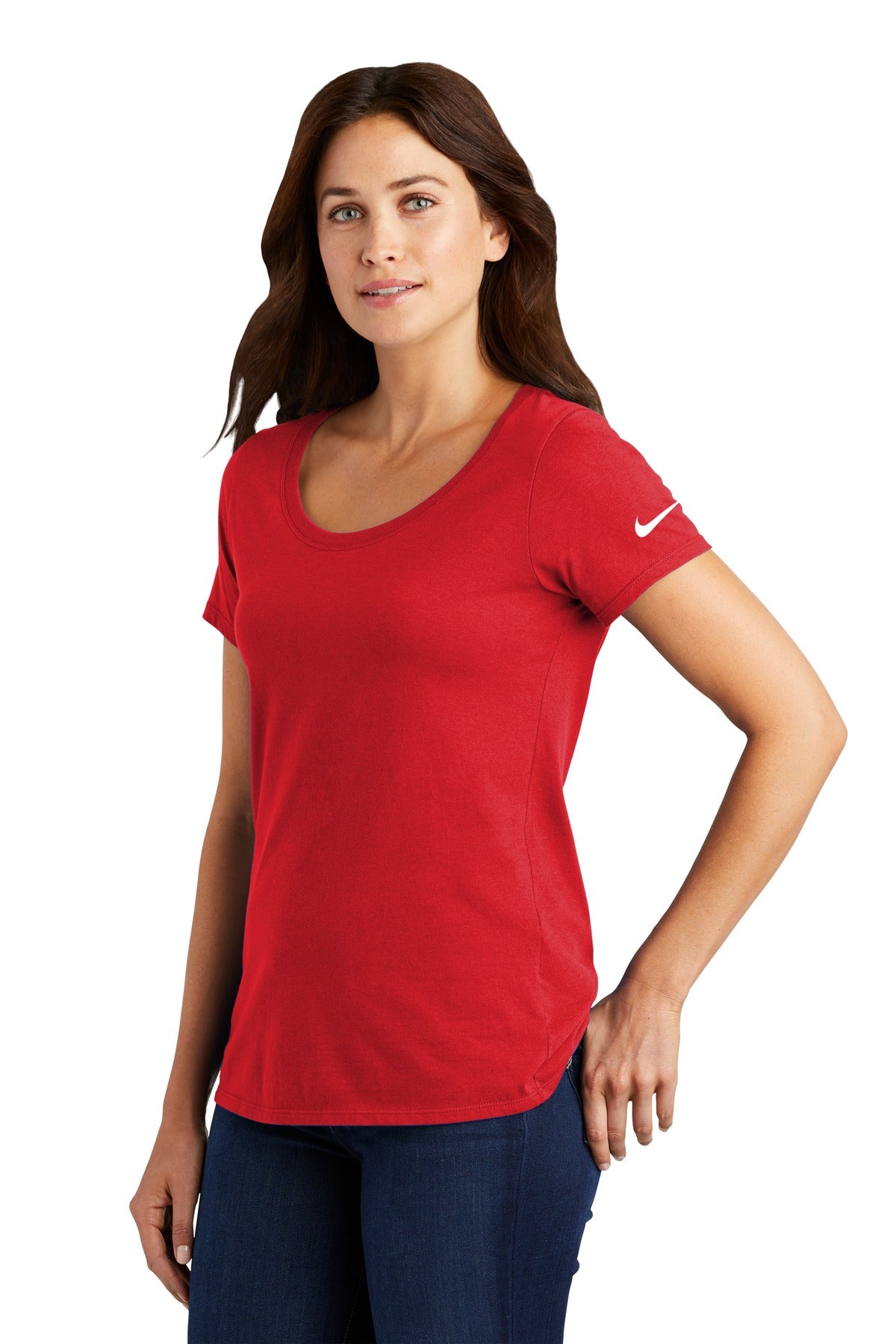 University Red Nike Women's Dri-FIT Cotton/Poly Scoop Neck Tee. NKBQ5234