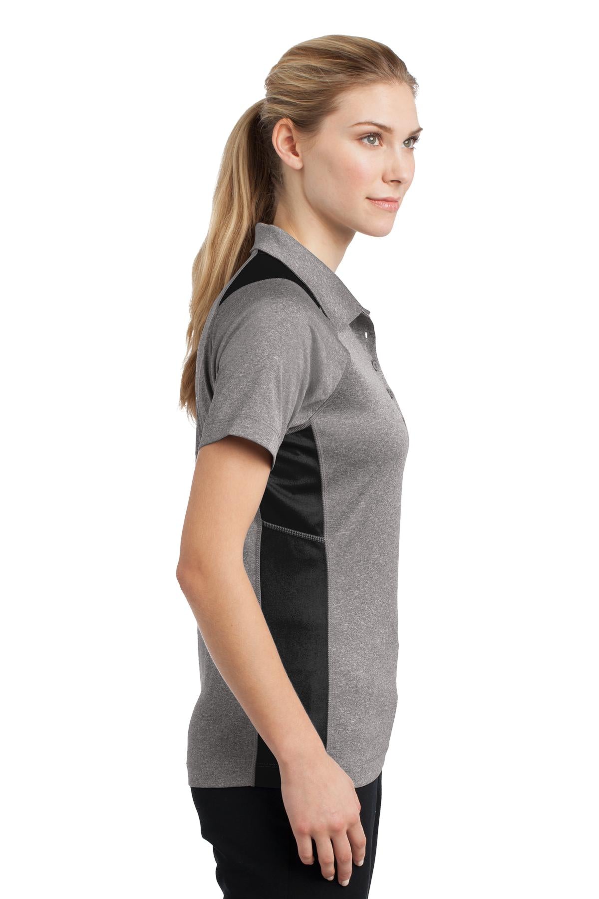Vnt He/Black Sport-Tek Women's Heather Colorblock Contender Polo. LST665