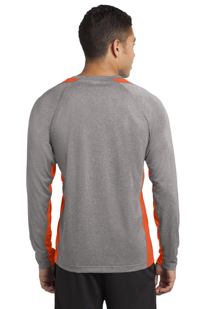 Vnt He/Dp Orng Sport-Tek Long Sleeve Heather Colorblock Contender Tee. ST361LS