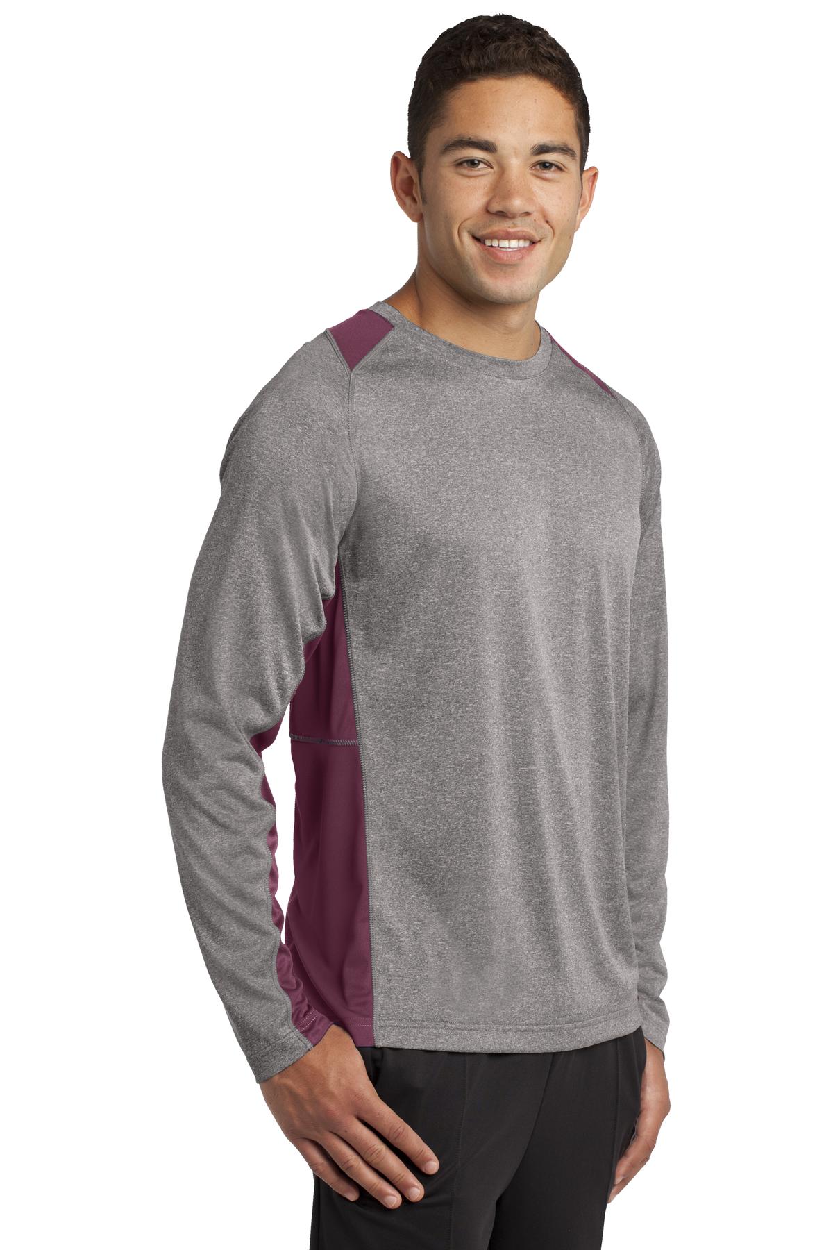 Vnt He/Maroon Sport-Tek Long Sleeve Heather Colorblock Contender Tee. ST361LS