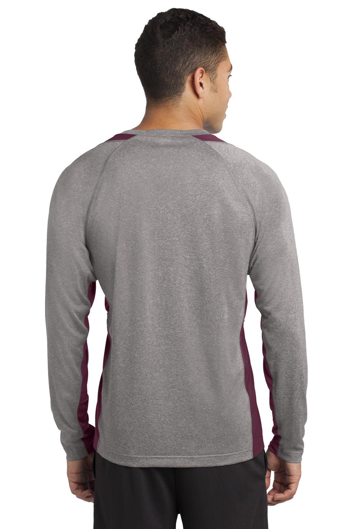 Vnt He/Maroon Sport-Tek Long Sleeve Heather Colorblock Contender Tee. ST361LS
