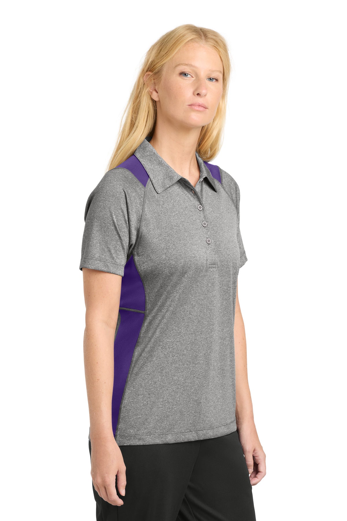 Vnt He/Purple Sport-Tek Women's Heather Colorblock Contender Polo. LST665