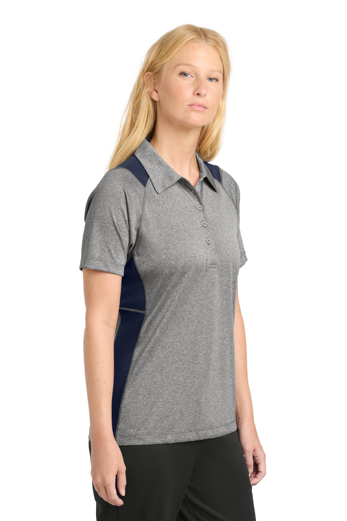 Vnt He/Tr Navy Sport-Tek Women's Heather Colorblock Contender Polo. LST665