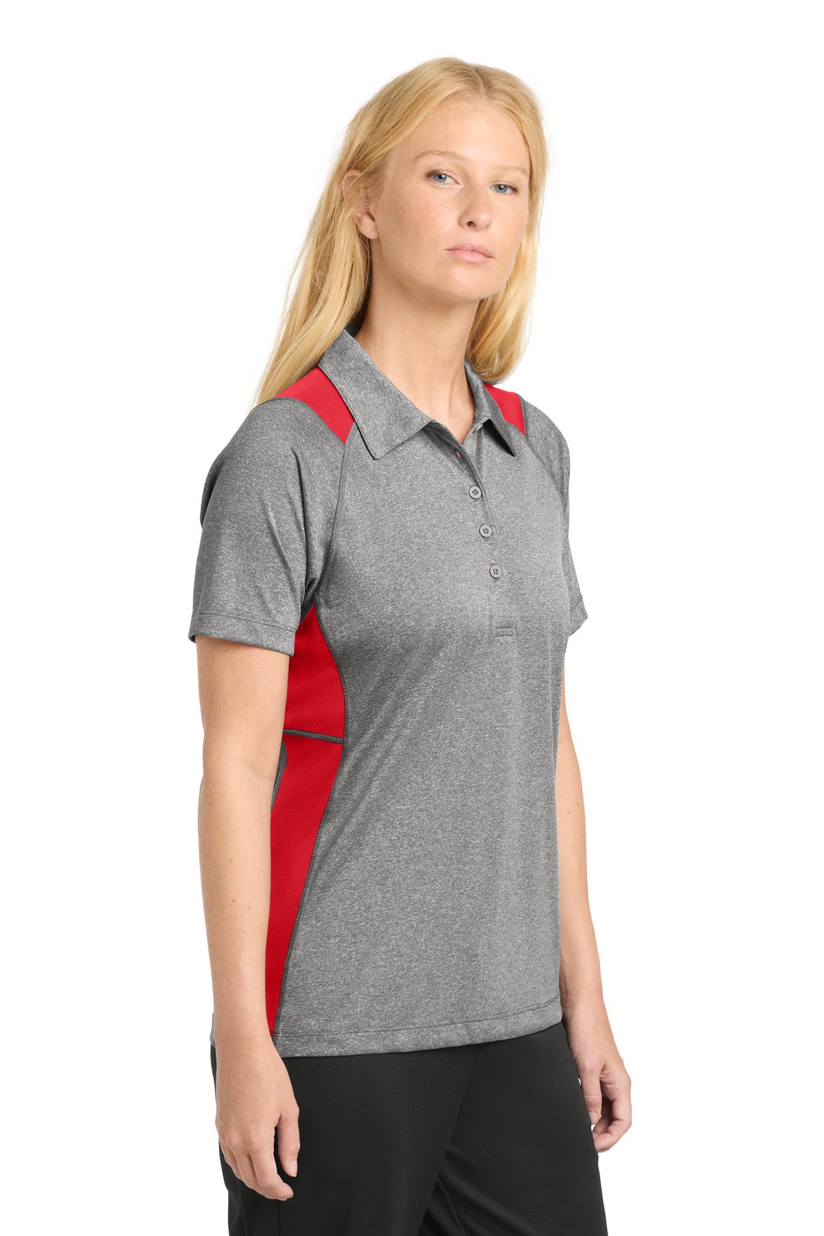 Vnt He/Tr Red Sport-Tek Women's Heather Colorblock Contender Polo. LST665