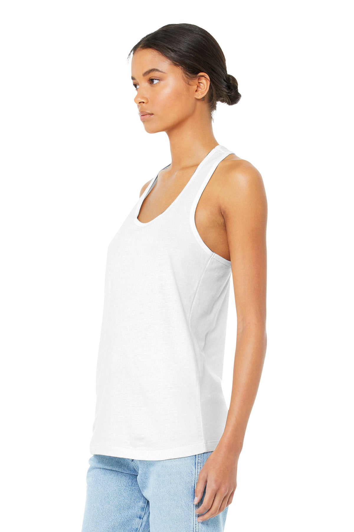 White BELLA+CANVAS Women's Jersey Racerback Tank. BC6008