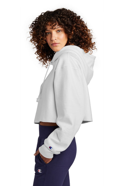 White Champion Women's Reverse Weave Cropped Cut-Off Hooded Sweatshirt RW01W