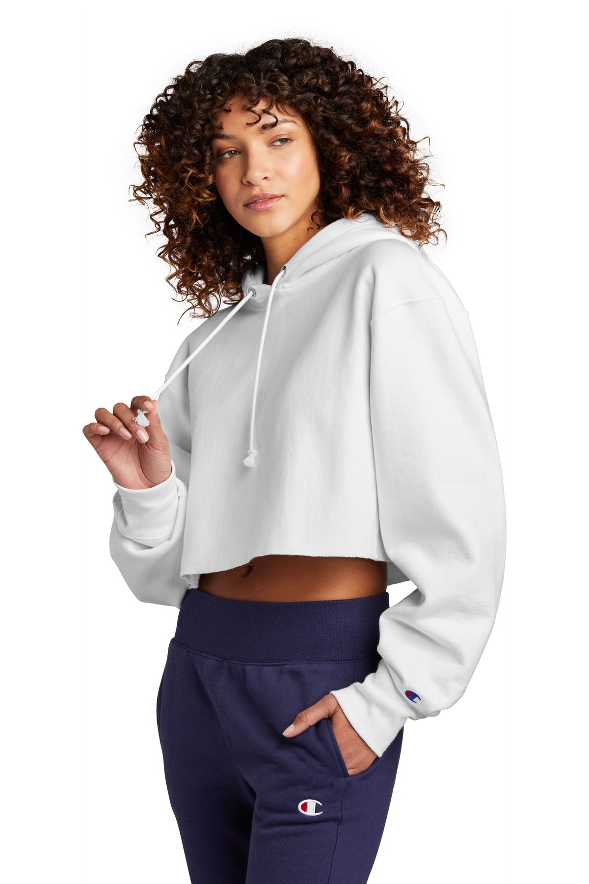 White Champion Women's Reverse Weave Cropped Cut-Off Hooded Sweatshirt RW01W