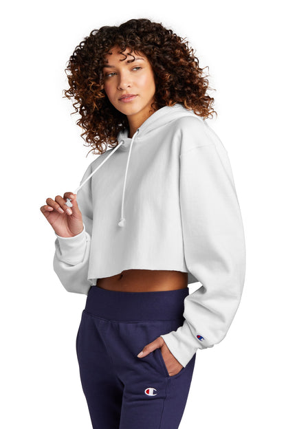 White Champion Women's Reverse Weave Cropped Cut-Off Hooded Sweatshirt RW01W
