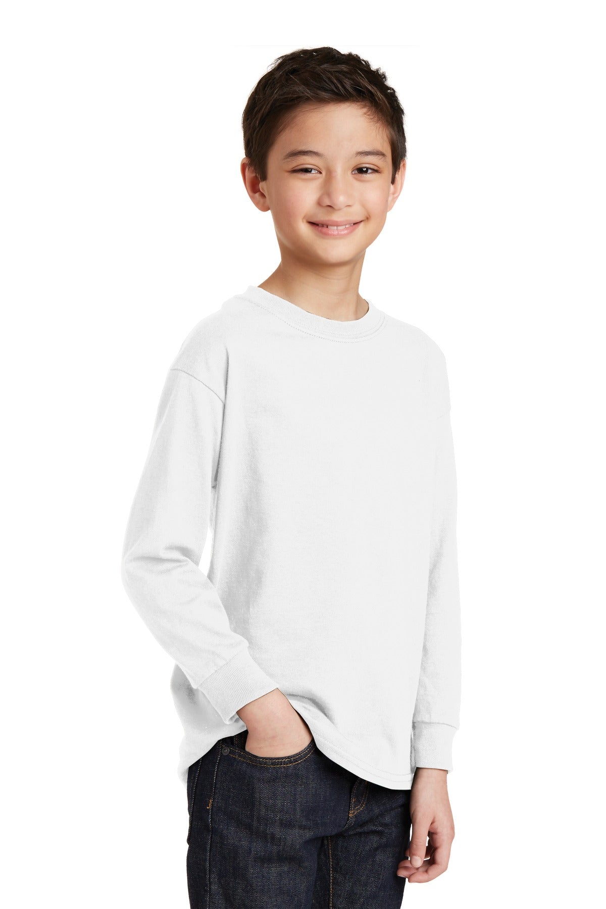White Gildan Youth Heavy Cotton 100% Cotton Long Sleeve T-Shirt. 5400B