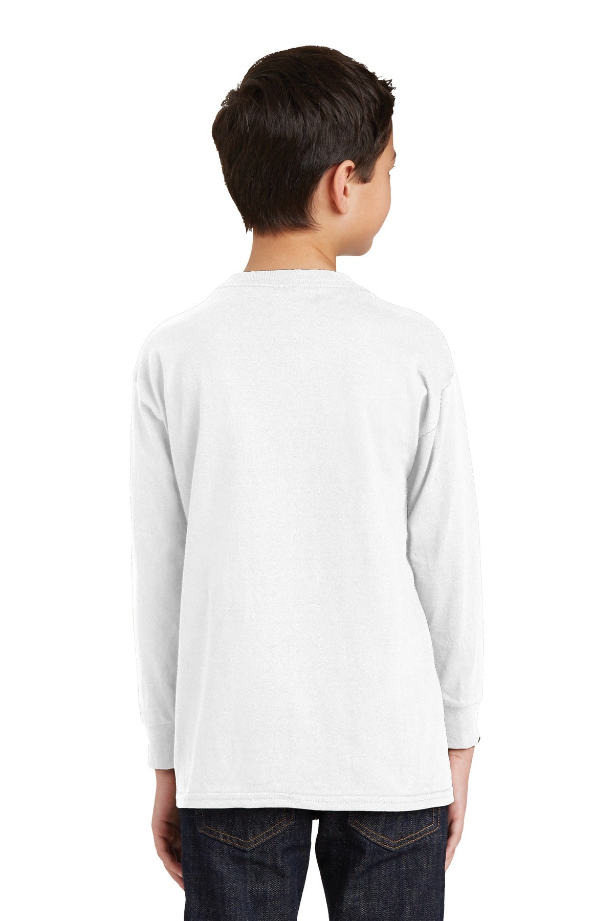 White Gildan Youth Heavy Cotton 100% Cotton Long Sleeve T-Shirt. 5400B