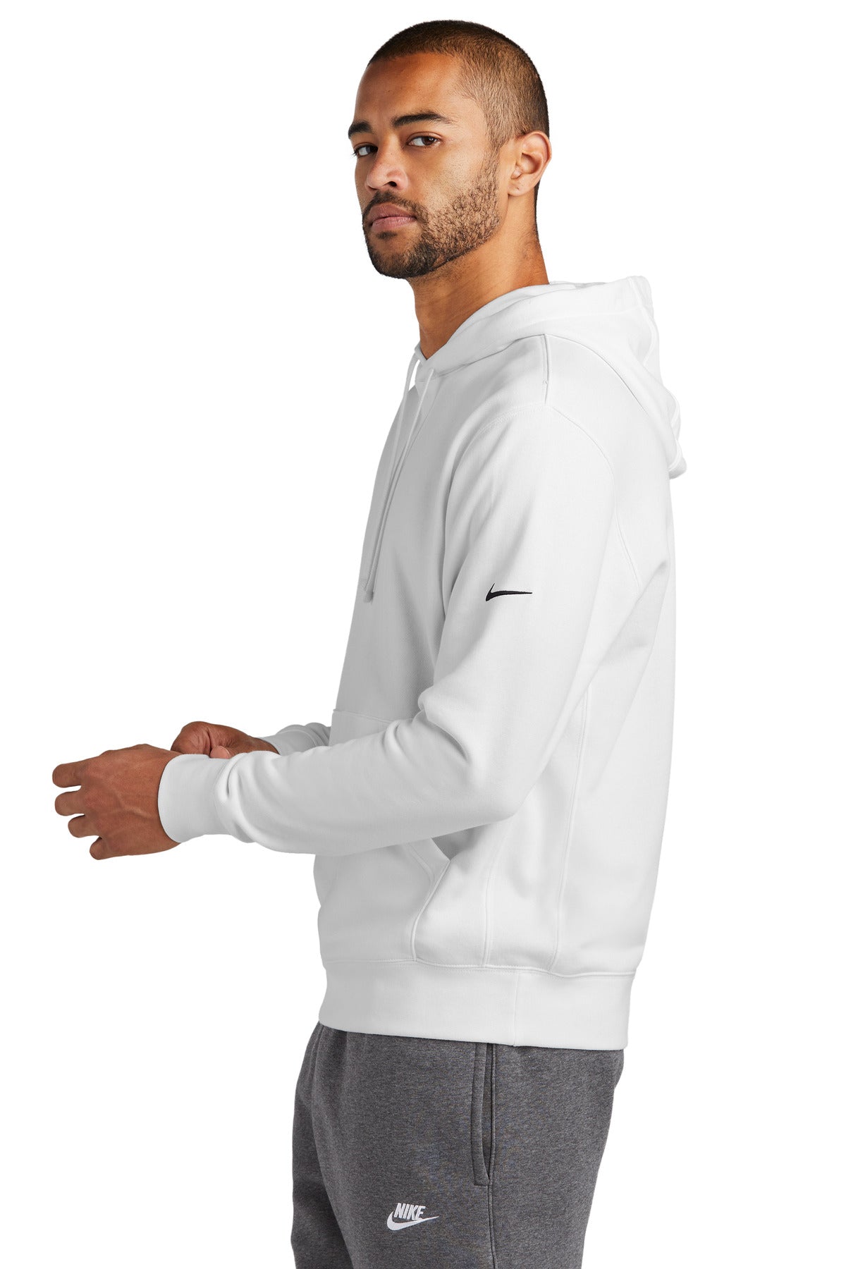 White Nike Club Fleece Sleeve Swoosh Pullover Hoodie NKDR1499