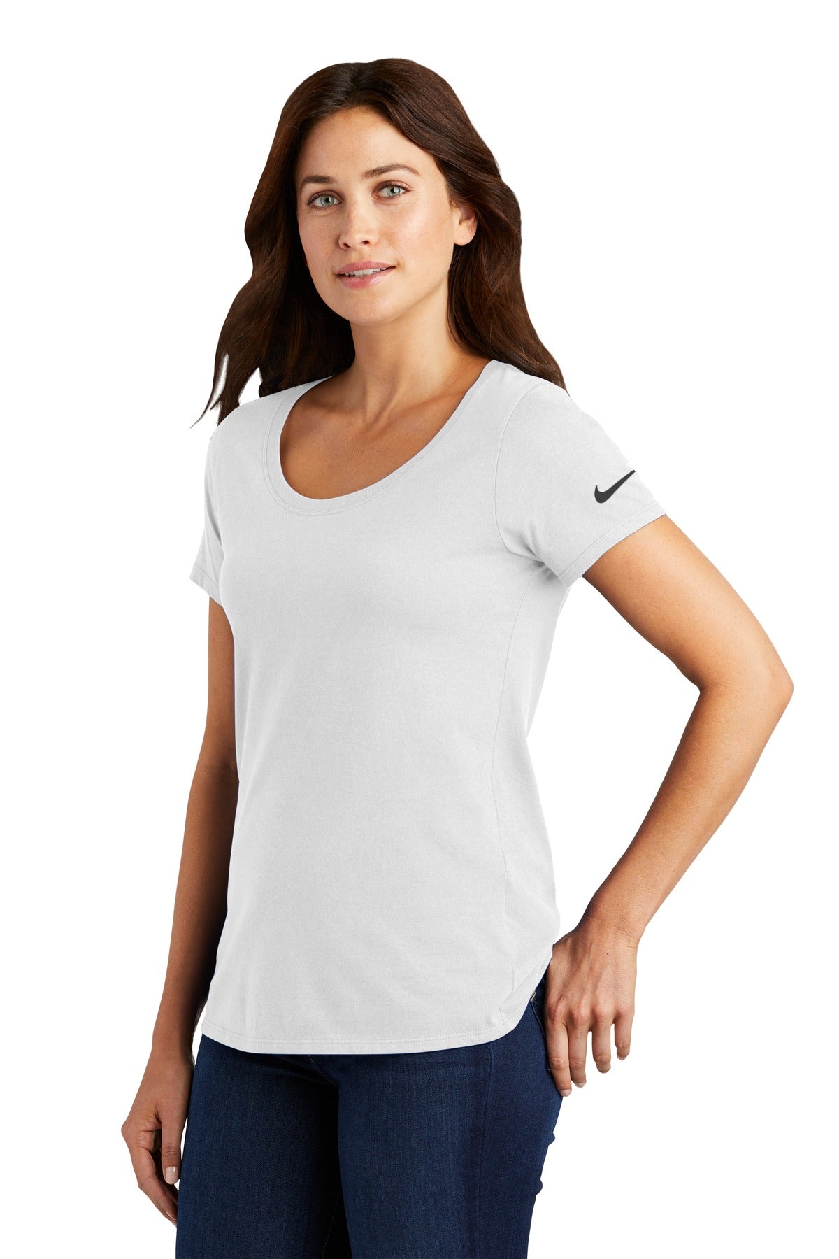 White Nike Women's Dri-FIT Cotton/Poly Scoop Neck Tee. NKBQ5234