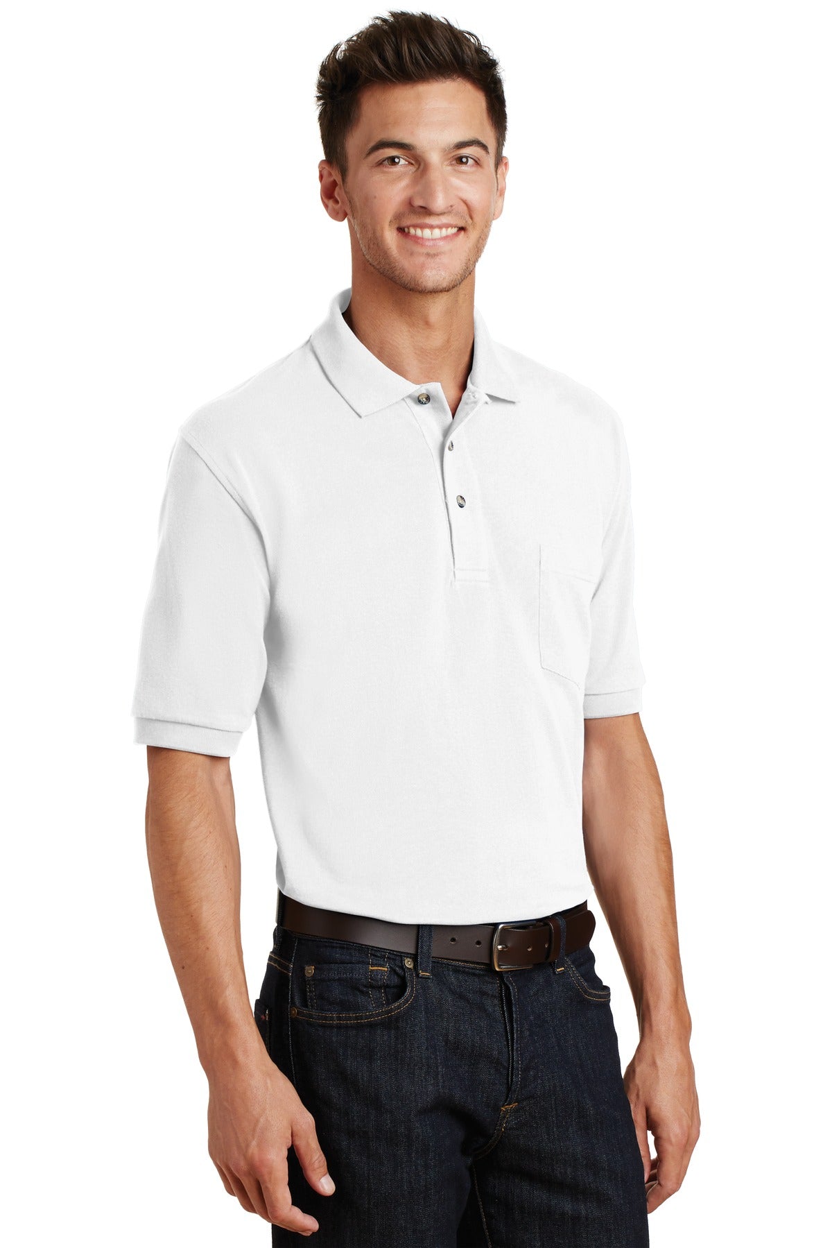 White Port Authority Heavyweight Cotton Pique Polo with Pocket. K420P