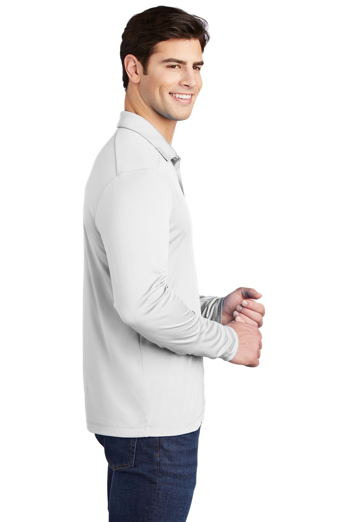 White Sport-Tek Posi-UV Pro Long Sleeve Polo. ST520LS