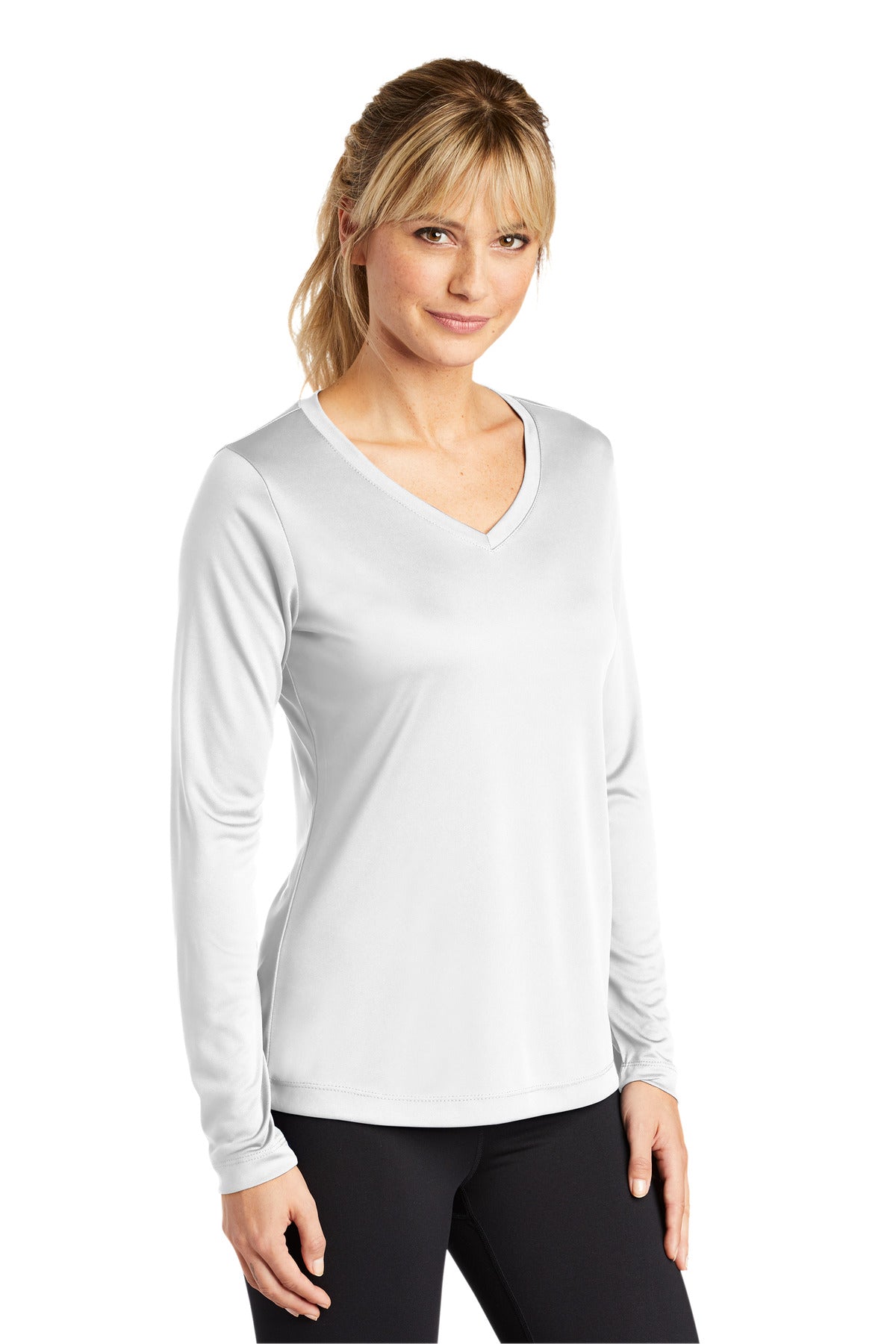 White Sport-Tek Women's Long Sleeve PosiCharge Competitor V-Neck Tee. LST353LS