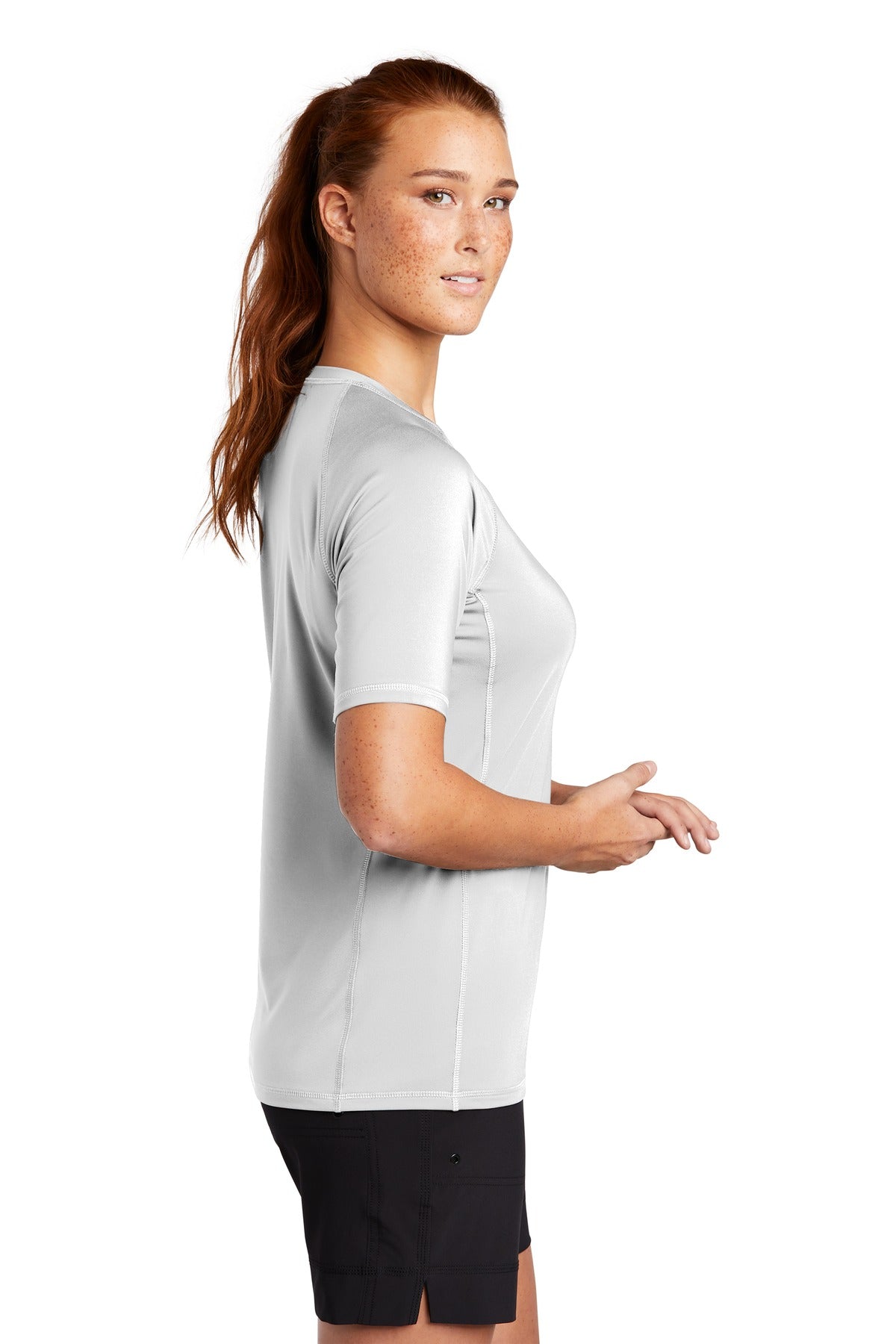 White Sport-Tek Women's Rashguard Tee. LST470