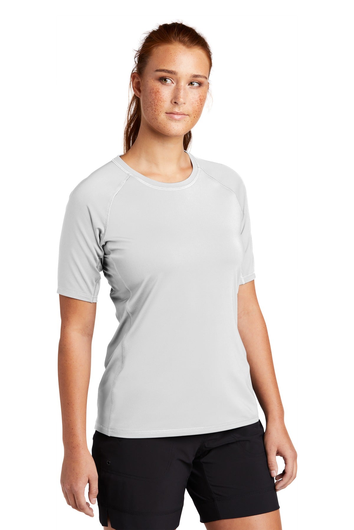 White Sport-Tek Women's Rashguard Tee. LST470