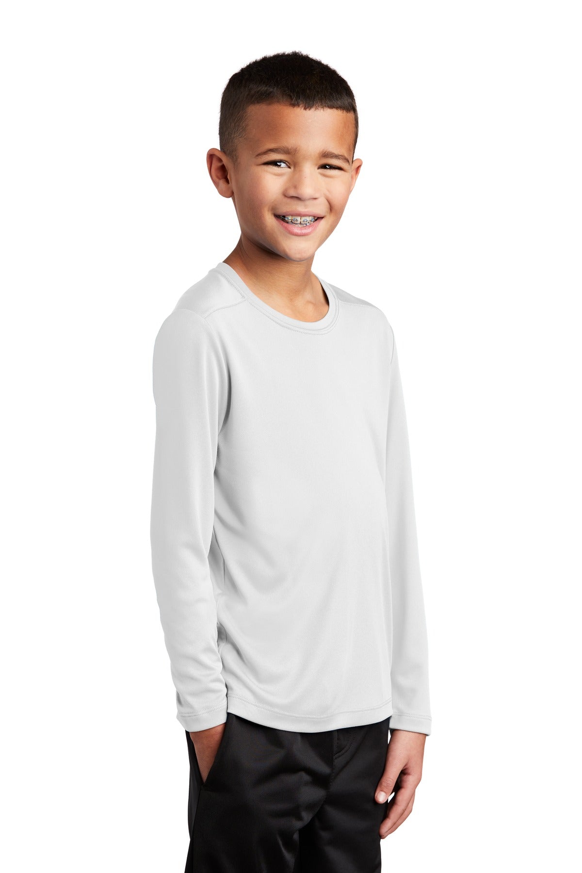 White Sport-Tek Youth Posi-UV Pro Long Sleeve Tee. YST420LS