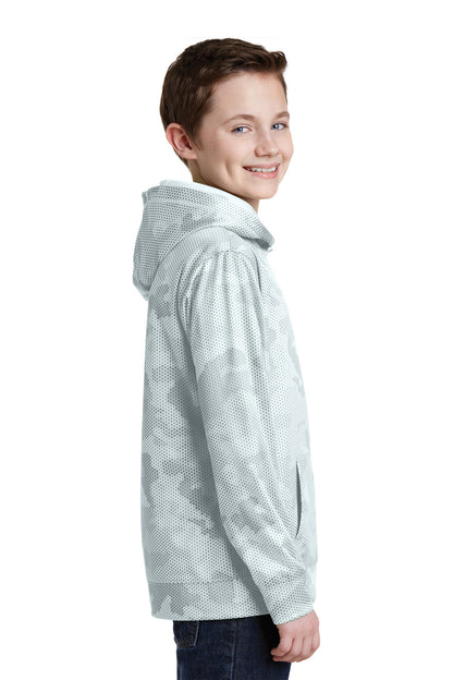 White Sport-Tek Youth Sport-Wick CamoHex Fleece Hooded Pullover. YST240