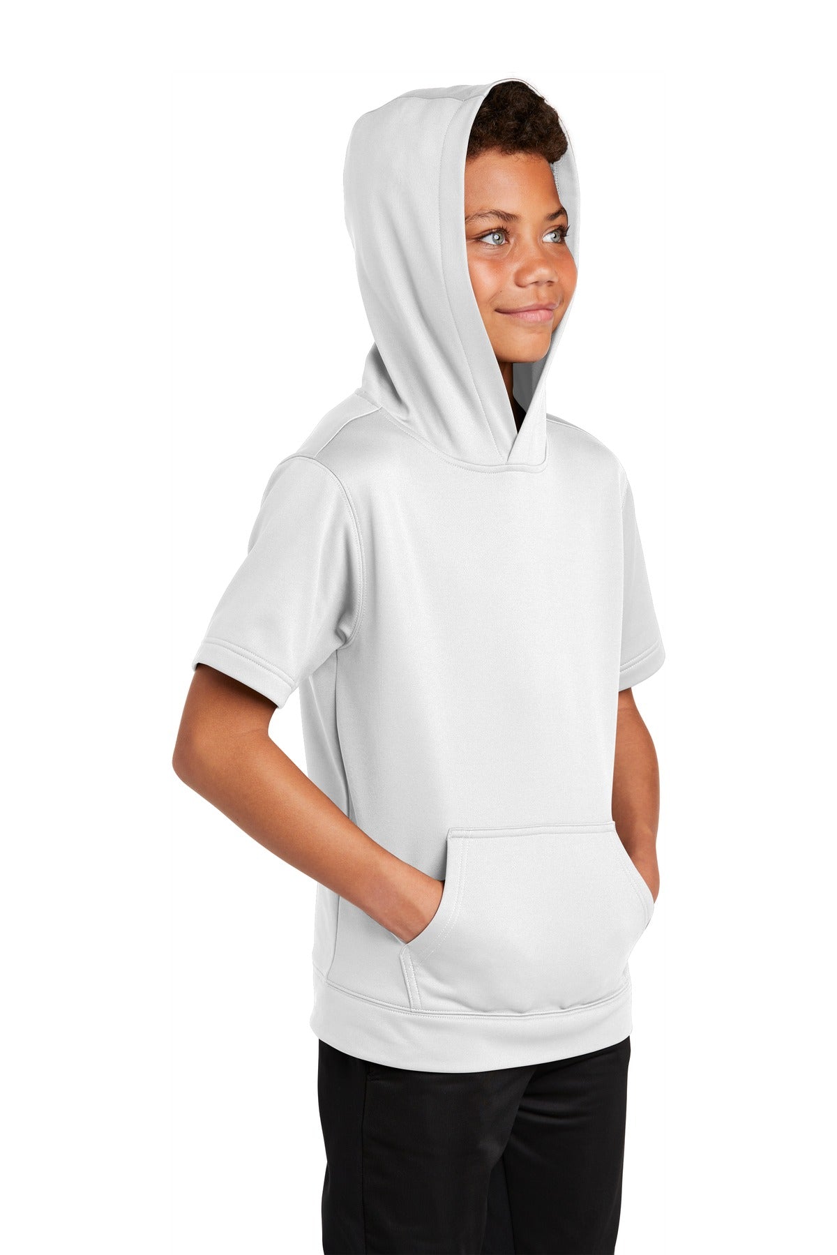 White Sport-Tek Youth Sport-Wick Fleece Short Sleeve Hooded Pullover. YST251