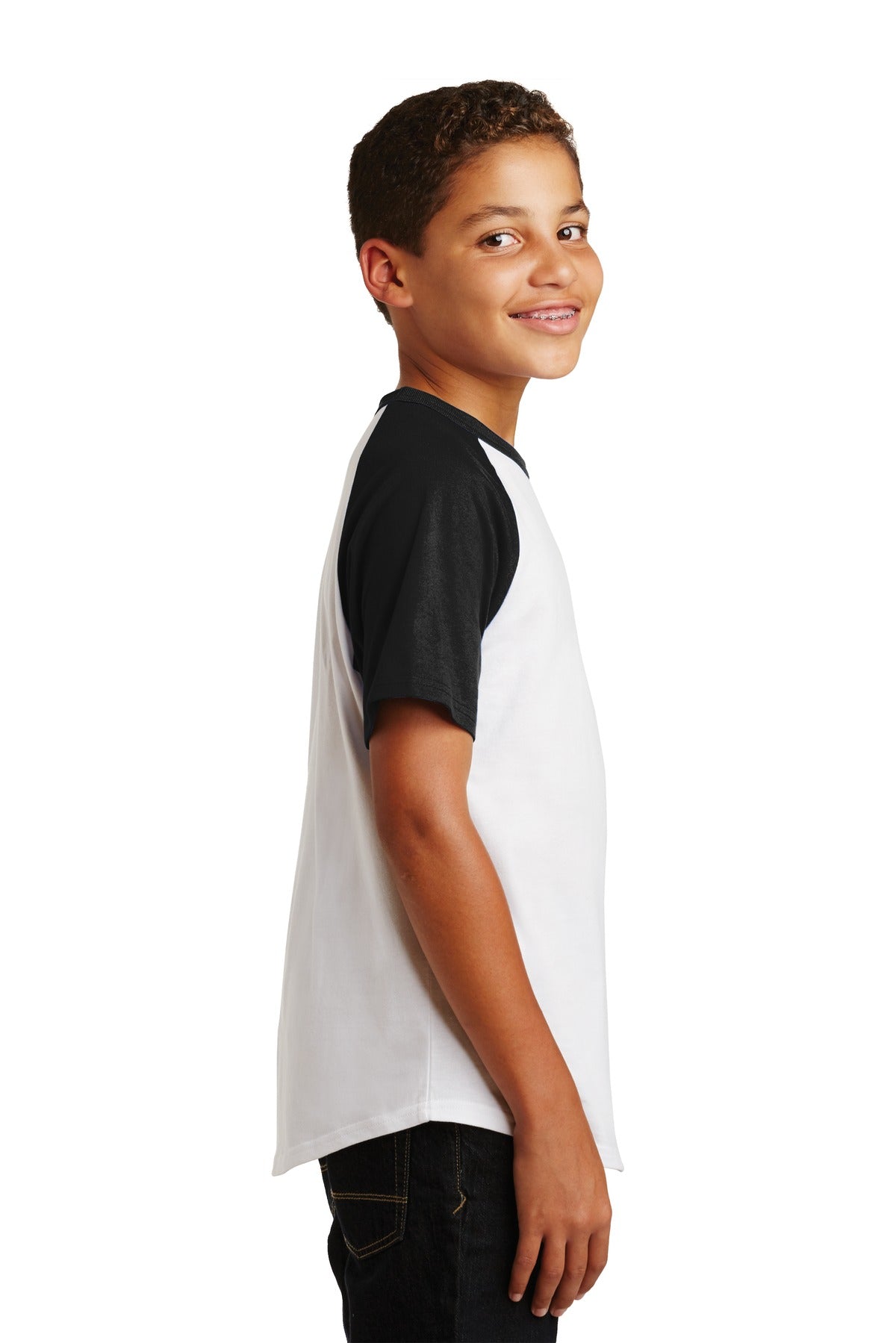 White/Black Sport-Tek Youth Short Sleeve Colorblock Raglan Jersey. YT201