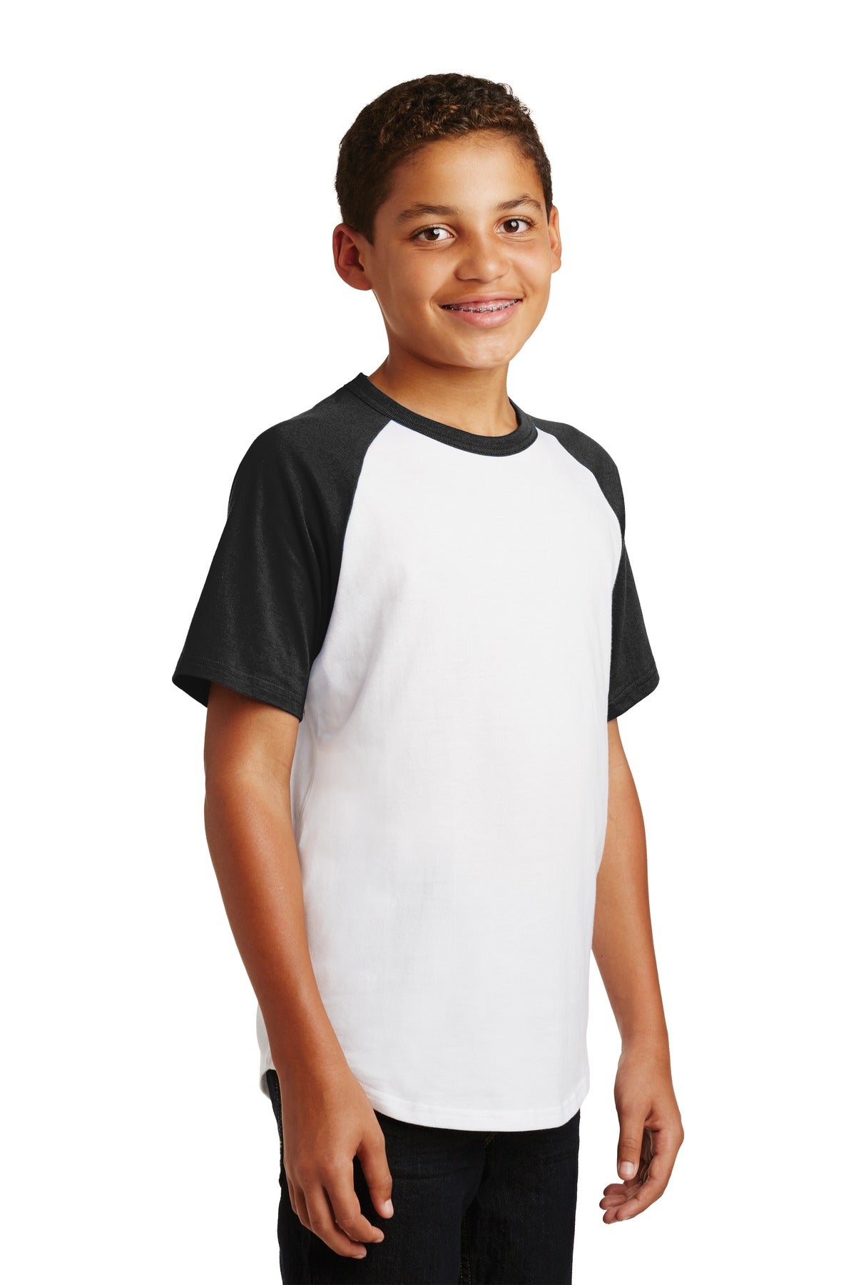 White/Black Sport-Tek Youth Short Sleeve Colorblock Raglan Jersey. YT201