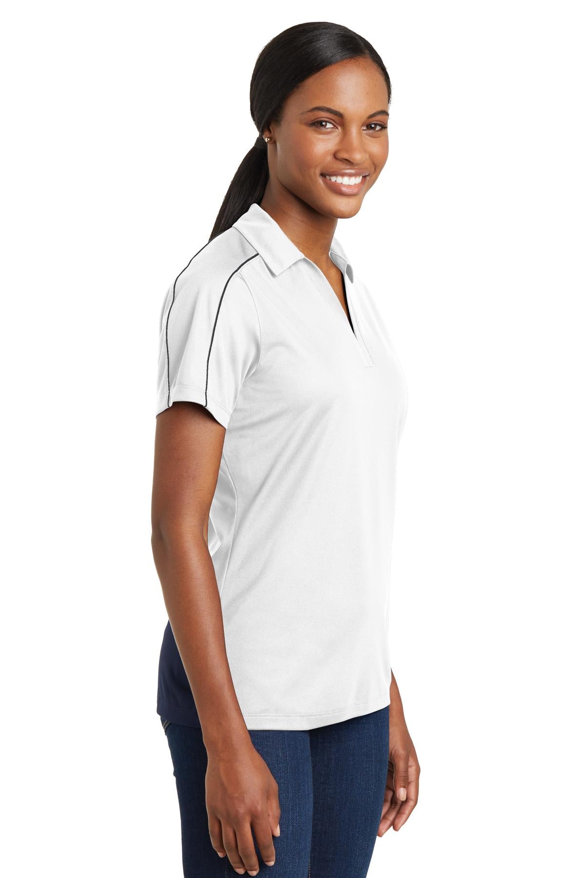 White/Iron Gry Sport-Tek Women's Micropique Sport-Wick Piped Polo. LST653