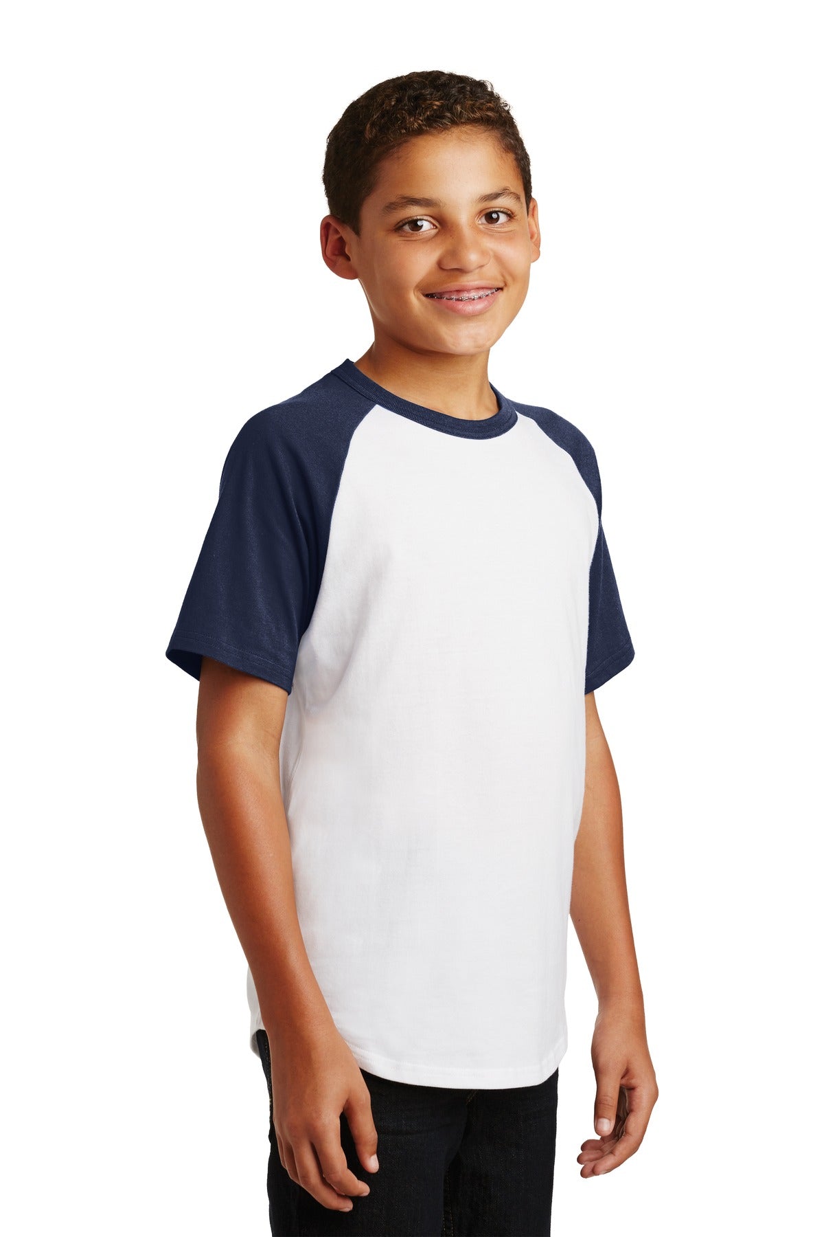 White/Navy Sport-Tek Youth Short Sleeve Colorblock Raglan Jersey. YT201