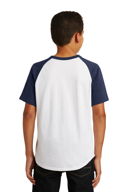White/Navy Sport-Tek Youth Short Sleeve Colorblock Raglan Jersey. YT201