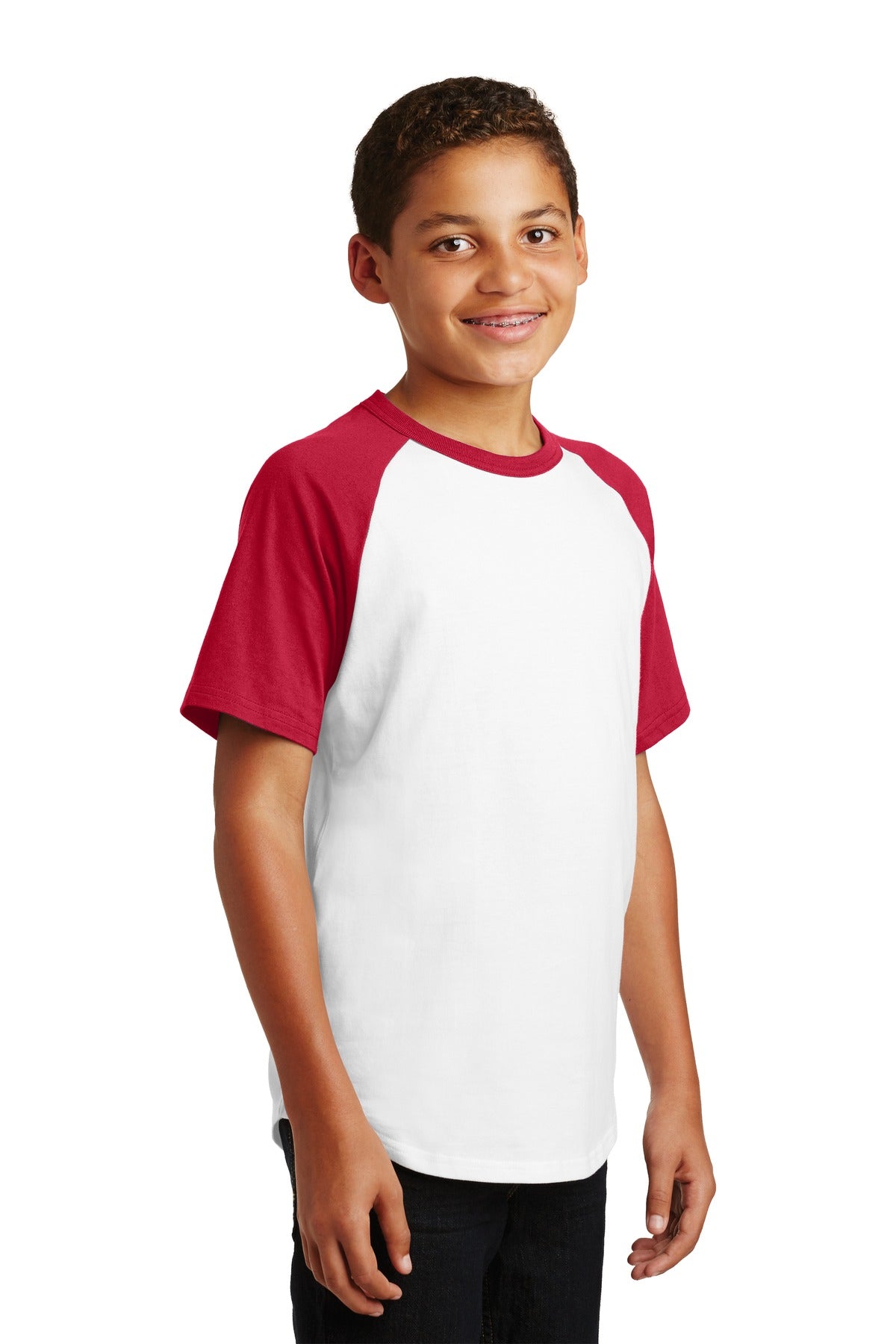 White/Red Sport-Tek Youth Short Sleeve Colorblock Raglan Jersey. YT201