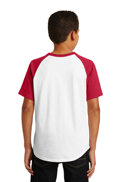 White/Red Sport-Tek Youth Short Sleeve Colorblock Raglan Jersey. YT201