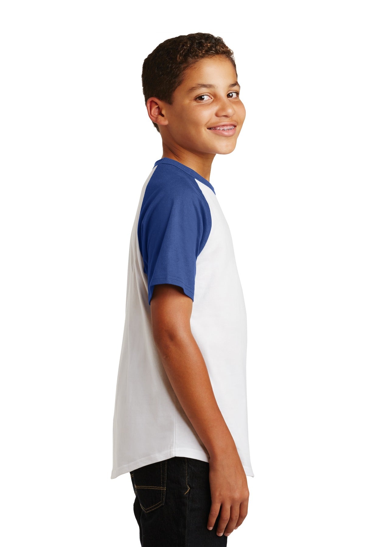 White/Royal Sport-Tek Youth Short Sleeve Colorblock Raglan Jersey. YT201