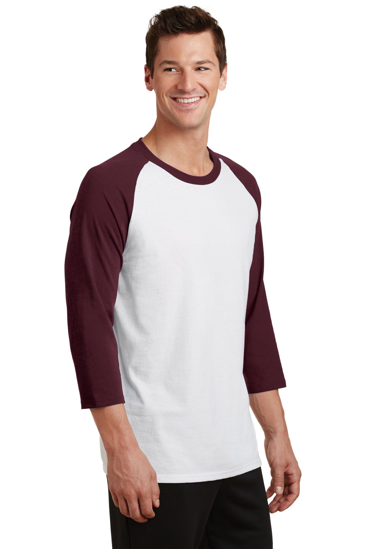 Wht/Ath Maroon Port & Company Core Blend 3/4-Sleeve Raglan Tee. PC55RS