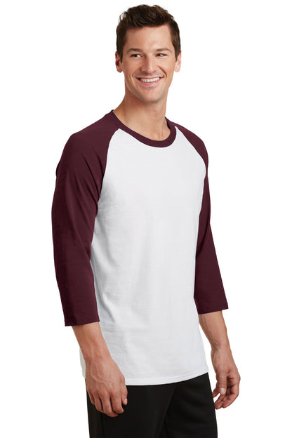 Wht/Ath Maroon Port & Company Core Blend 3/4-Sleeve Raglan Tee. PC55RS