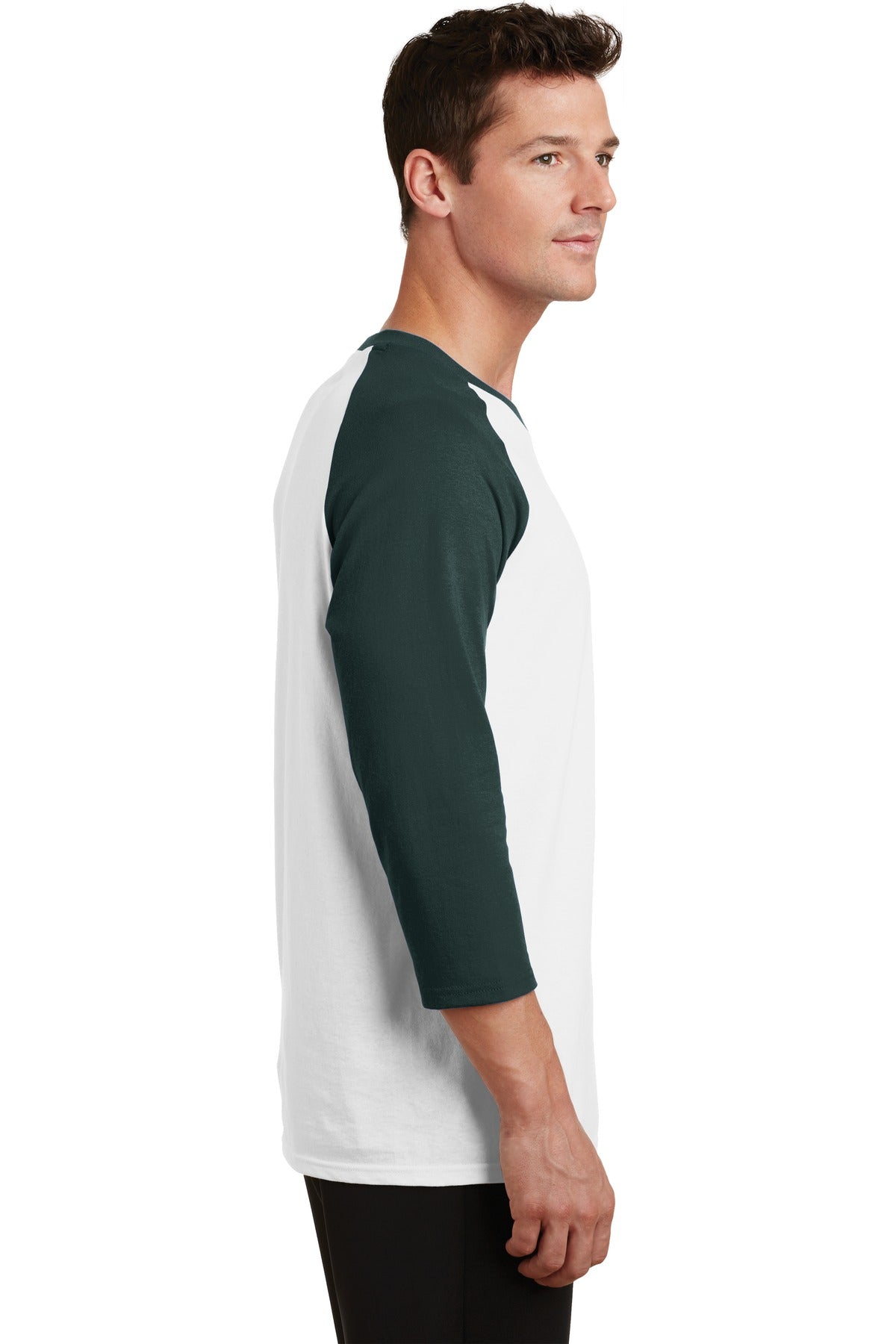 Wht/Dark Green Port & Company Core Blend 3/4-Sleeve Raglan Tee. PC55RS