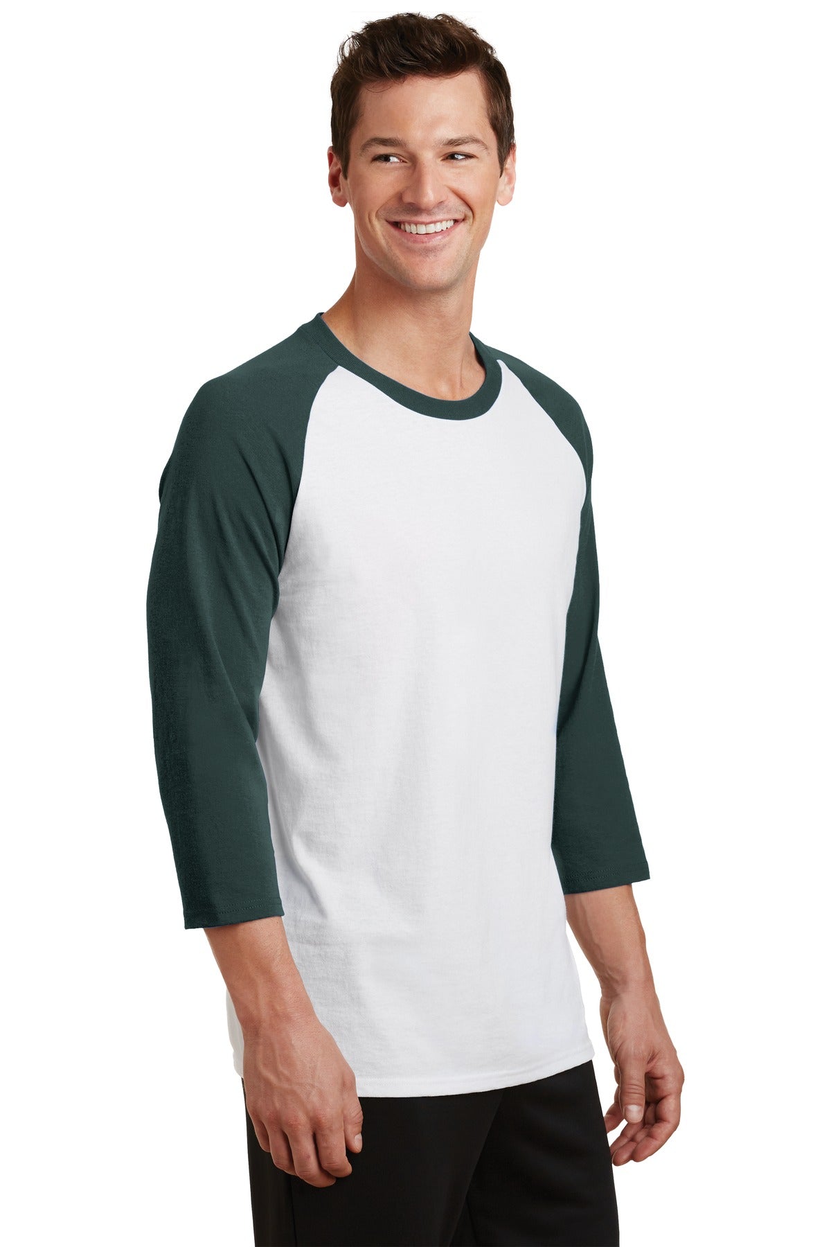 Wht/Dark Green Port & Company Core Blend 3/4-Sleeve Raglan Tee. PC55RS