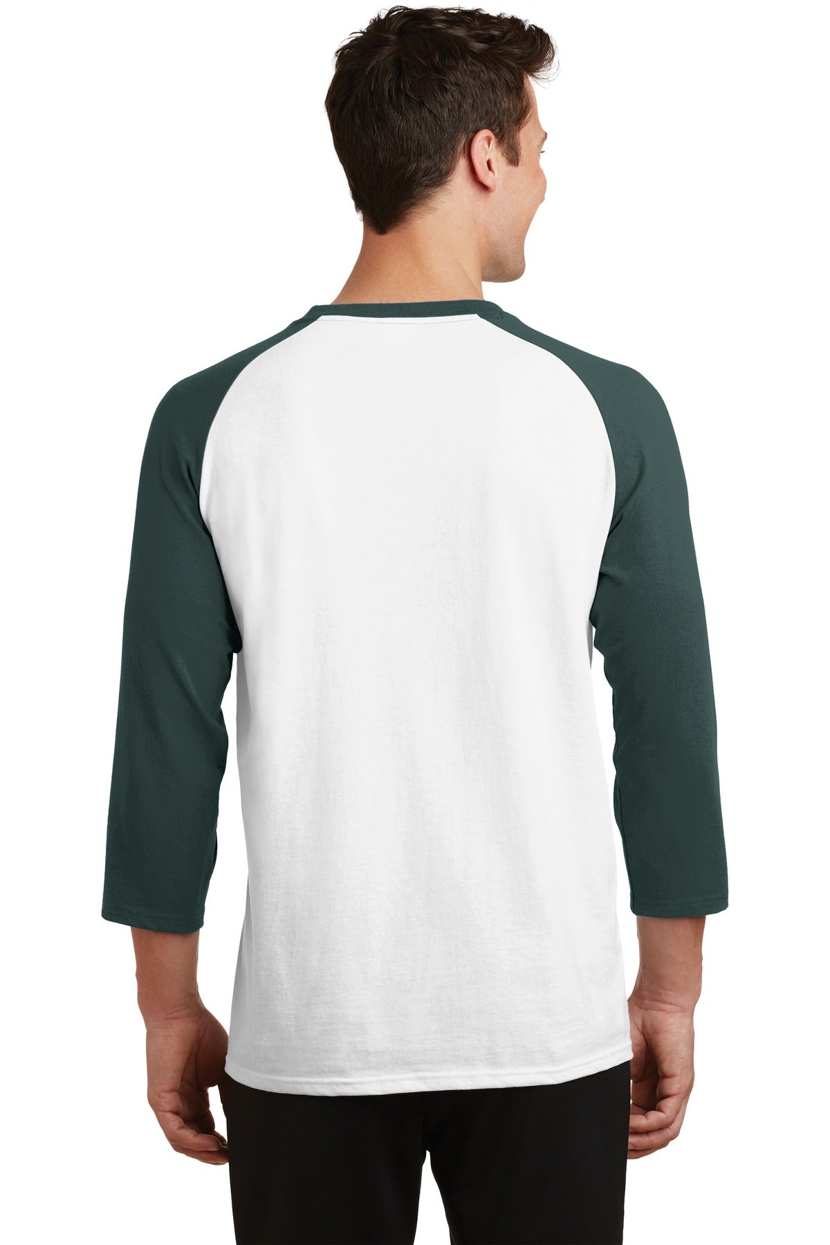 Wht/Dark Green Port & Company Core Blend 3/4-Sleeve Raglan Tee. PC55RS