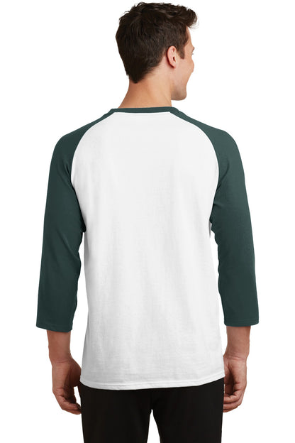 Wht/Dark Green Port & Company Core Blend 3/4-Sleeve Raglan Tee. PC55RS