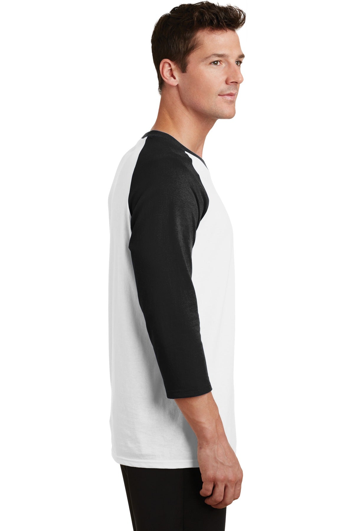Wht/Jet Black Port & Company Core Blend 3/4-Sleeve Raglan Tee. PC55RS