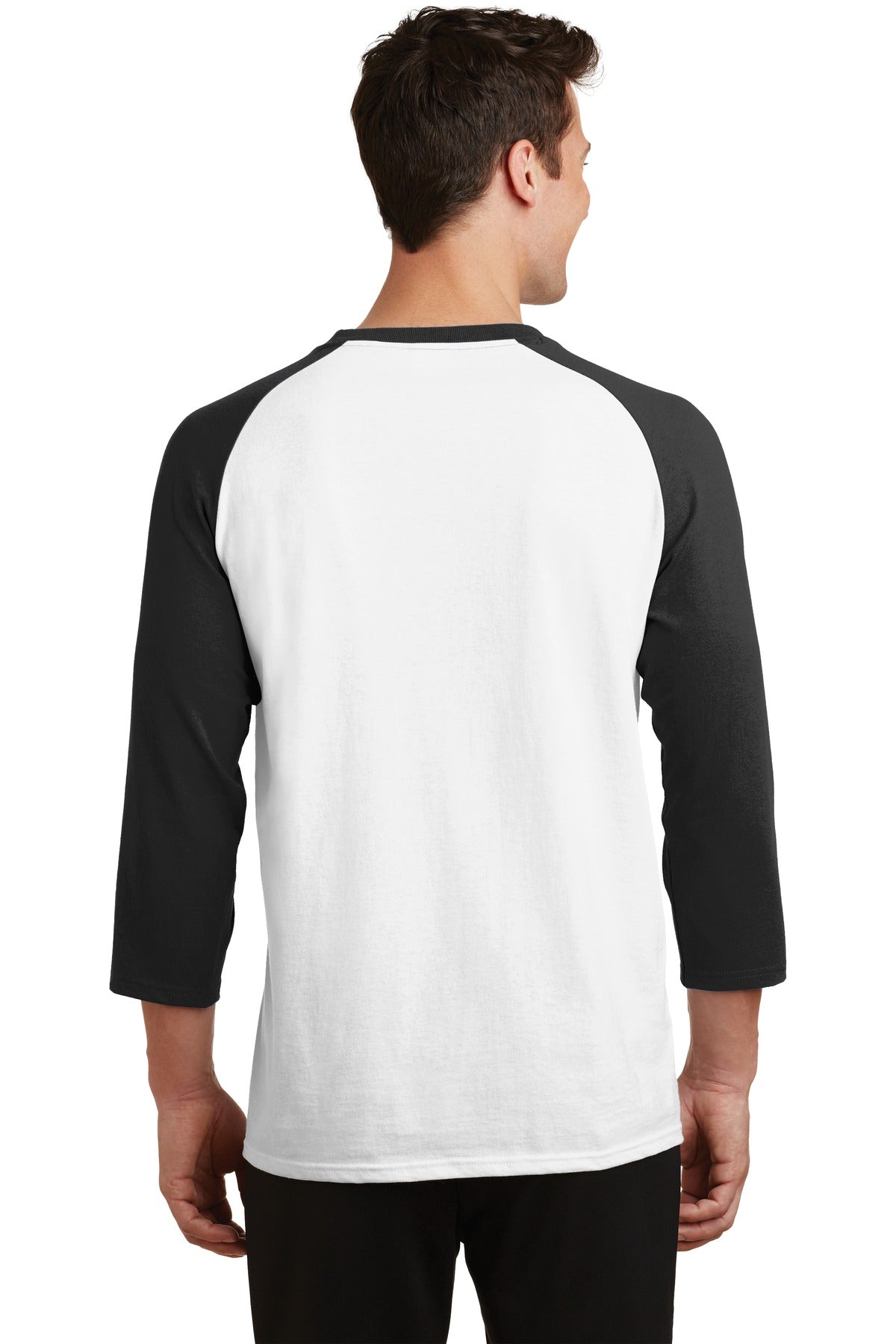 Wht/Jet Black Port & Company Core Blend 3/4-Sleeve Raglan Tee. PC55RS