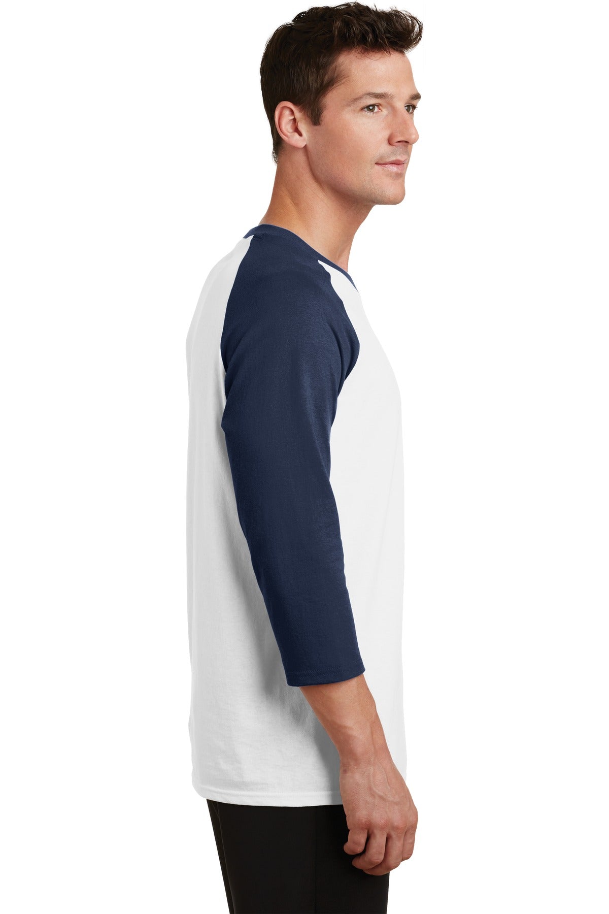 Wht/Navy Port & Company Core Blend 3/4-Sleeve Raglan Tee. PC55RS