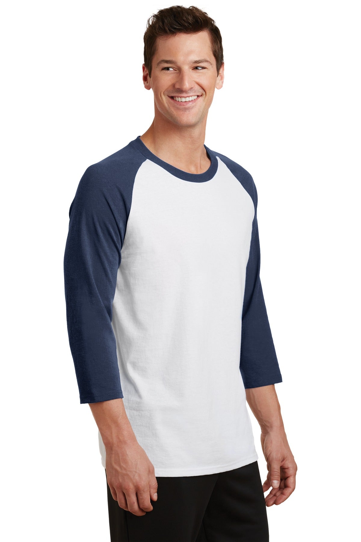 Wht/Navy Port & Company Core Blend 3/4-Sleeve Raglan Tee. PC55RS
